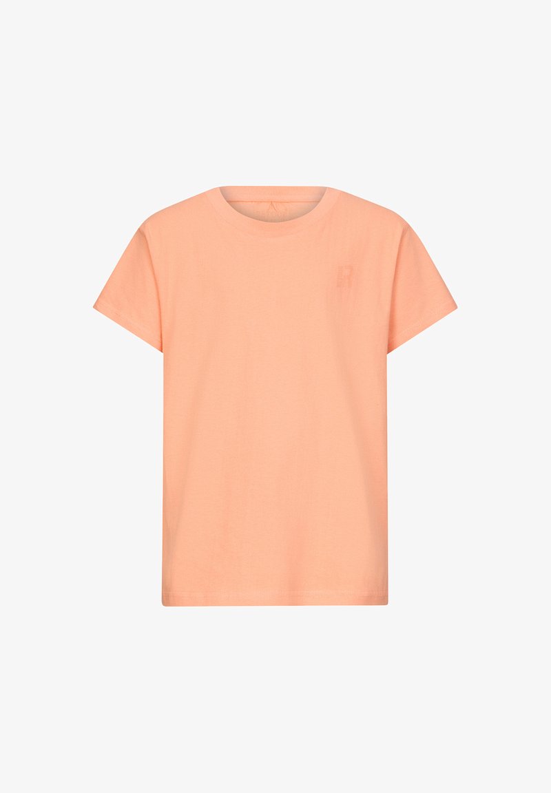 T-shirt a maniche corte di colore pesca chiaro, realizzata in cotone, con scollo rotondo e un logo discreto sul petto.