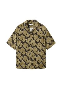Chemise à manches courtes en vert olive avec un motif géométrique abstrait marron et blanc, boutonnage sur le devant et design de col.