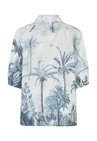 Lichte, witte shirt met een natuurprint in het blauw, met palmbomen en een olifantenontwerp. Klassieke kraag en korte mouwen.