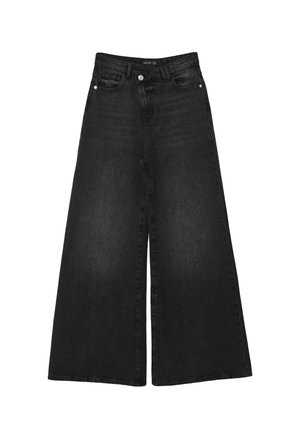 Jeans neri a gamba larga realizzati in denim. Presentano un alto punto vita, design a cinque tasche e chiusura con bottone frontale. Texture liscia con una leggera scoloritura.