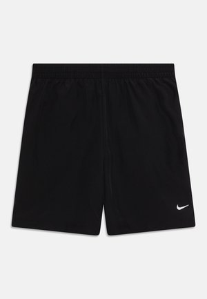 Black athletic shorts made of lightweight fabric. Features an elastic waistband and a white Nike swoosh logo on the lower right side.