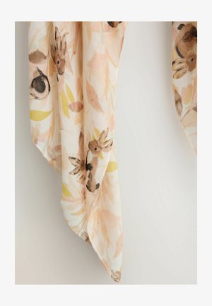 Leichter Schal mit pastellfarbenem Blumenmuster und Kaninchen. Die Farben umfassen Creme, zartes Rosa, Gelb und Braun. Glatte Textur.