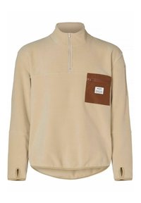 Beige fleece-pullover met een halflange rits kraag, voorzien van een bruine ritsborstzak en duimgaten in de mouwen. Zachte textuur, ontspannen pasvorm.