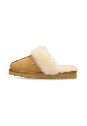 Pantofole in suede marrone con una fascia in shearling crema, suola piatta e cuciture decorative lungo il bordo. Design semplice senza accessori.