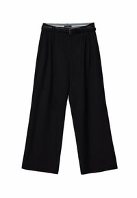 Pantalons larges noirs avec des plis, fabriqués à partir d'un tissu lisse. Comprend une ceinture avec une boucle et une coupe ajustée et structurée.