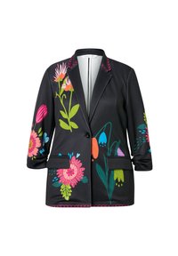 Schwarze Jacke mit floralen Mustern in Pink, Grün und Blau. Sie hat einen Reverskragen, zwei Taschen und einen lebhaft bestickten Saum.