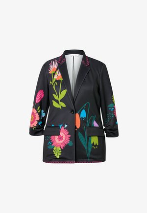Giacca nera con motivi floreali in rosa, verde e blu. Presenta un revers a risvolto, due tasche e un orlo ricamato vivace.