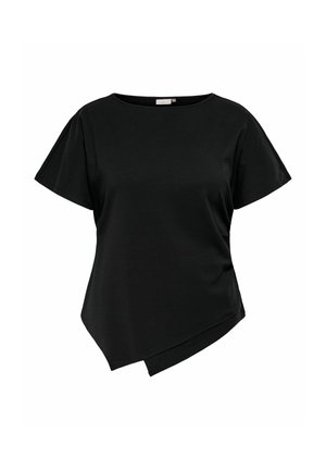 T-shirt noir à manches courtes avec un col rond et un ourlet asymétrique à l'avant sur fond blanc.
