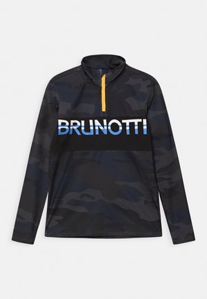 Langærmet mørk camouflage-top med høj krave, gul lynlås og "BRUNOTTI" logo i hvid og blå på tværs af brystet.