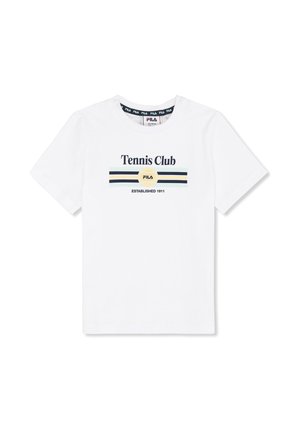 Camiseta blanca de manga corta con texto "Tennis Club", rayas horizontales y un círculo amarillo con el logo de FILA, etiqueta de talla en el interior del cuello.