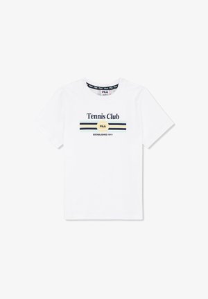 T-shirt blanc à manches courtes avec le texte "Tennis Club", des rayures horizontales et un cercle jaune avec le logo FILA, étiquette de taille à l'intérieur du col.