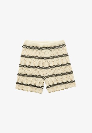Häkelshorts in Creme mit schwarzen horizontalen Streifen. Mit gewellten Kanten, einem strukturierten Muster und einem elastischen Bund.