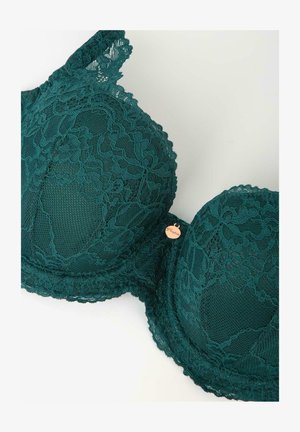 Turkusowy koronkowy stanik z wypełnionymi miseczkami, kwiatowym wzorem, falbaniastymi krawędziami oraz małym akcentem w kolorze różowego złota. Klasyczna konstrukcja z fiszbinami.