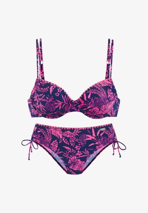 Bikini set featuring a dark navy background with vibrant pink floral patterns. The top has padded cups and adjustable double straps.