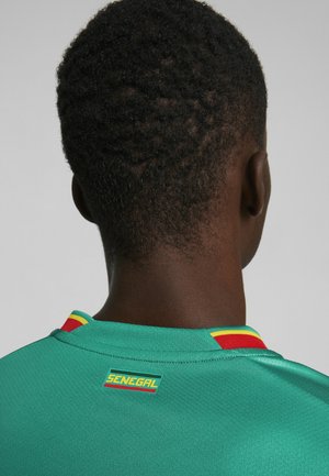 Vihreä urheilupaita, jossa on teksturoitu kangas. Siinä on punainen, keltainen ja vihreä raidoitettu kaulus sekä näkyvä "SENEGAL"-tagi selässä.