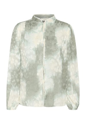 Ljust grön blus med en veckad design, blommönster, ståkrage, knappframsida och långa ärmar med elastiska manschetter.