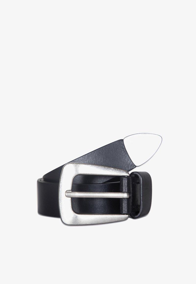 Mustan nahkahihnan hopeanvärisellä suorakulmaisella soljella. Sileä pinta ja kaareva kärki. Säädettävä pituus perinteisellä muotoilulla.