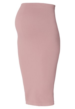 Knie-lange kokerrok in lichtroze geribbeld materiaal, met een aansluitend ontwerp en een elastische tailleband voorComfort. Glad textuur.