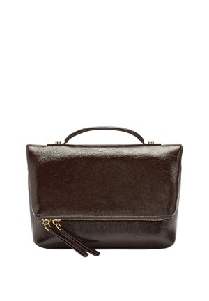 Brązowa skórzana torebka o usztywnionej konstrukcji, z górnym uchwytem, przednią klapką i złotym zamkiem błyskawicznym jako ozdobą. Gładka faktura z połyskliwym wykończeniem.