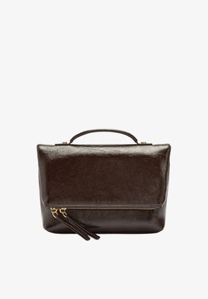 Brązowa skórzana torebka o usztywnionej konstrukcji, z górnym uchwytem, przednią klapką i złotym zamkiem błyskawicznym jako ozdobą. Gładka faktura z połyskliwym wykończeniem.