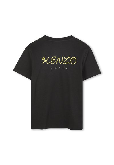 Czarna koszulka bawełniana z okrągłym dekoltem i krótkimi rękawami. Na plecach nadrukowane "KENZO" w żółtym kursywie i "PARYŻ" w białym.