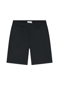 Zwarte shorts van lichtgewicht stof met een elastische tailleband en geen zichtbare zakken. Soepele textuur en rechte snit.