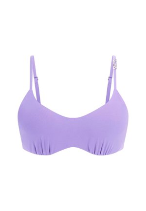 Lavender bikini top made of smooth fabric with a triangular shape, gathered center, and adjustable straps featuring a metal clasp.