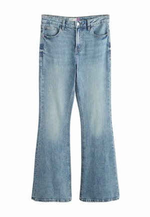 Lichtblauwe denim jeans met een hoge taille, ontwerp met vijf zakken, sluiting met knoop en rits, en uitlopende pijpen.