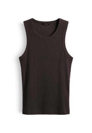Mouwloos donkerbruin geribbeld tanktopje met ronde hals, maat 36, getoond op een witte achtergrond.