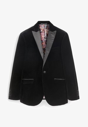 Fekete bársony blézer selyem hajtókával, két elülső zsebbel és díszes virágmintás béléssel. Egysoros gombos záródás, textúrált anyag.