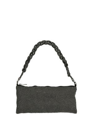 Kleine rechteckige schwarze Handtasche mit silbernen Strasssteinen, die die Oberfläche bedecken, und einem geflochtenen Strass-Tragegriff, ausgestattet mit einem oberen Reißverschluss.