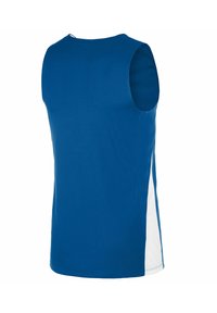 Canottiera sportiva senza maniche in tessuto blu, con pannelli bianchi laterali e scollatura rotonda. Tessuto liscio con dettagli di cucitura minimi.