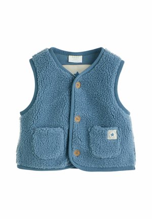 Blue baby vest with soft textured fabric, three brown buttons, two front pockets, and a small star patch on the right pocket.