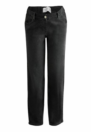 Schwarze Umstandshosen aus Denim mit geradem Bein, weichem Denim-Stoff, vorderen Taschen und einem gewölbten Bund für mehr Komfort.