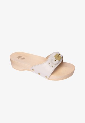 White leather clog sandal with a wooden platform, featuring gold hardware accents and stud details on the strap. Smooth surface texture.