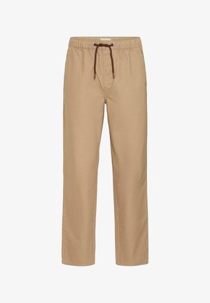 Pantaloni beige a trattare morbido con vita elastica e lacci marroni. Realizzati in un tessuto morbido con tasche laterali e gamba dritta.