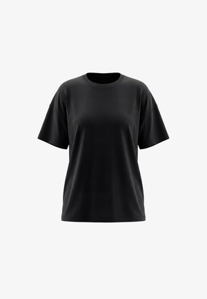 Czarny T-shirt z krótkim rękawem i okrągłym dekoltem, o luźnym kroju, prezentowany na białym tle.