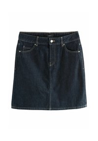 Donkerdenim rok met vijf zakken, knoopsluiting aan de voorkant en contrasterende gele stiksels. Rechte snit, valt boven de knie.