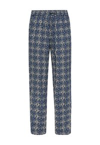 Pantalon bleu marine avec une ceinture élastique et un motif floral géométrique blanc et jaune sur l'ensemble.