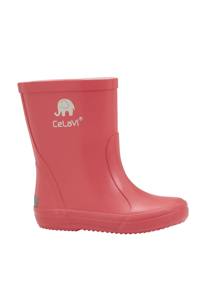 Rode rubberen regenlaars met een glad oppervlak, ronde neus en een gestructureerde zool. Heeft een wit olifantenlogo en een grijze accent aan de zijkant.