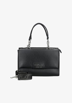 Sac à main en cuir noir avec double poignée, accents en chaîne argentée, poche avant, fermeture éclair et bandoulière amovible brodée du logo "REPLAY".