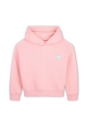 Sweat à capuche rose pour enfants avec poignets et ourlet côtelés, comportant un petit emblème en forme de cœur bleu et blanc sur la poitrine.