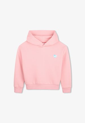 Sweat à capuche rose pour enfants avec poignets et ourlet côtelés, comportant un petit emblème en forme de cœur bleu et blanc sur la poitrine.