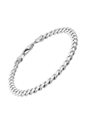 Silbernes Armband mit Kettengliedern und Karabinerverschluss auf weißem Hintergrund.