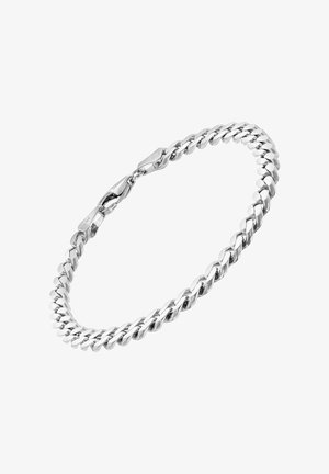 Silbernes Armband mit Kettengliedern und Karabinerverschluss auf weißem Hintergrund.