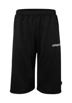 Shorts de sport noirs avec taille élastique, poches latérales zippées et logo blanc "uhlsport" sur la jambe droite.