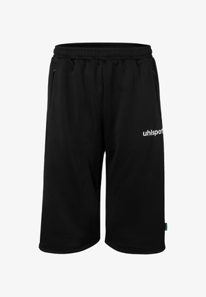 Shorts de sport noirs avec taille élastique, poches latérales zippées et logo blanc "uhlsport" sur la jambe droite.