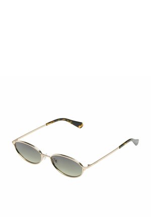 Ovale zonnebril met gouden metalen monturen, donker verloopglazen en slangenhuid-patroon pootjes.