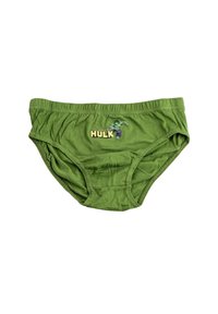 Slip verde in cotone con grafica "L'Incredibile Hulk", dotati di una cintura flessibile e lati arricciati per una vestibilità aderente.