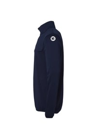 Veste en polaire bleu marine avec un col montant, des manches longues et un logo sur l'épaule. Texture lisse et design droit.